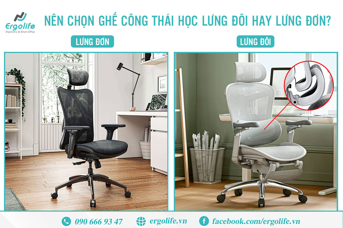 Nên mua ghế công thái học lưng liền hay lưng đôi? So sánh ưu và nhược điểm